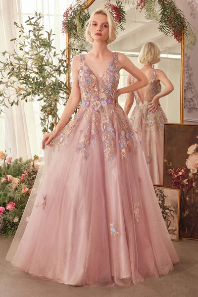 Pink Lace Appliqué A-Line Gown with Layered Tulle Skirt AL-BLOSSOM