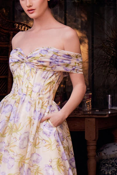 Off-the-Shoulder Floral Satin A-Line Gown with Pleated Bodice -Al-Maribel