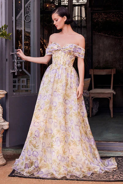 Off-the-Shoulder Floral Satin A-Line Gown with Pleated Bodice -Al-Maribel