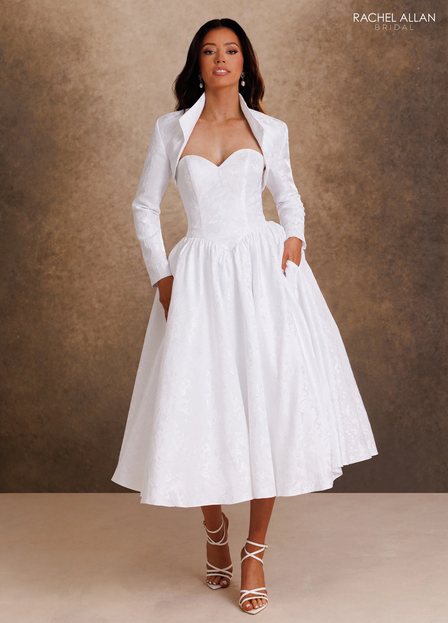 Catherine RB1021 - Brocade Tea Length Wedding Dress with Matching Bolero