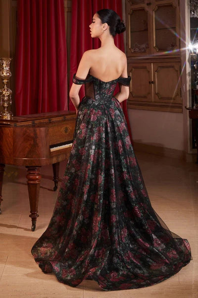 Black Rose Off-the-Shoulder Ball Gown with Leg Slit CD-Rosamund