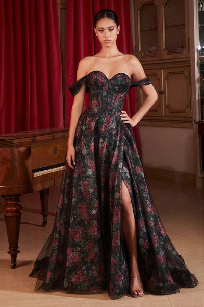 Black Rose Off-the-Shoulder Ball Gown with Leg Slit CD-Rosamund