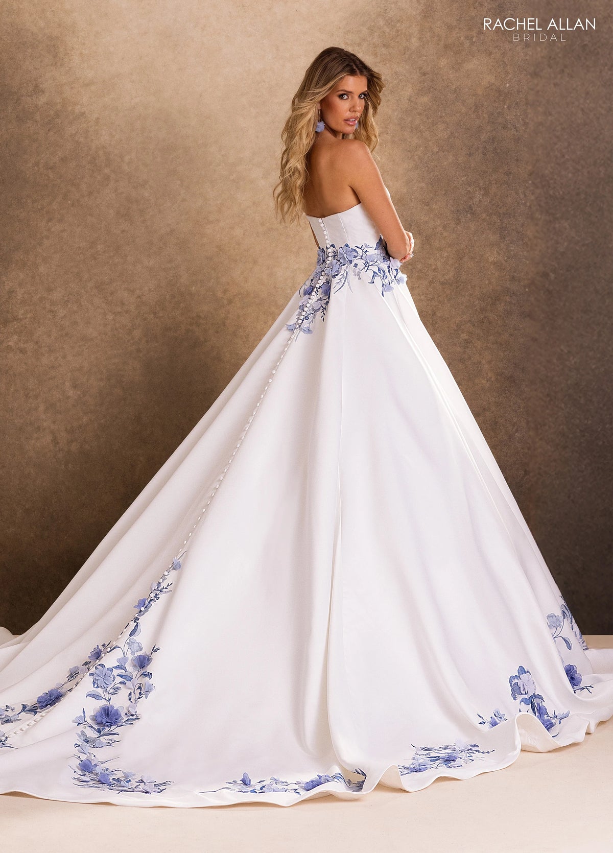 Eden RB4254 – Blue Floral Satin Ballgown Wedding Dress with 3D Floral Appliqué