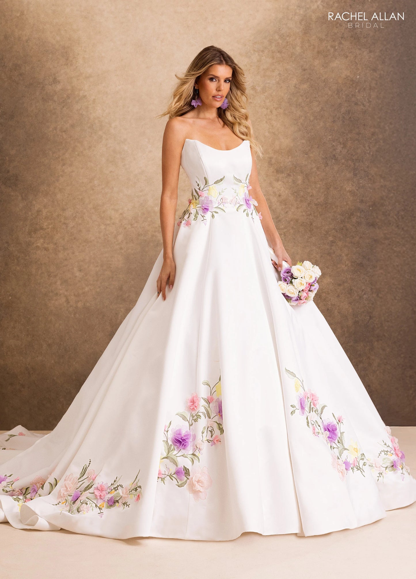 Eden RB4254 – Pastel Floral Satin Ballgown Wedding Dress with 3D Floral Appliqué
