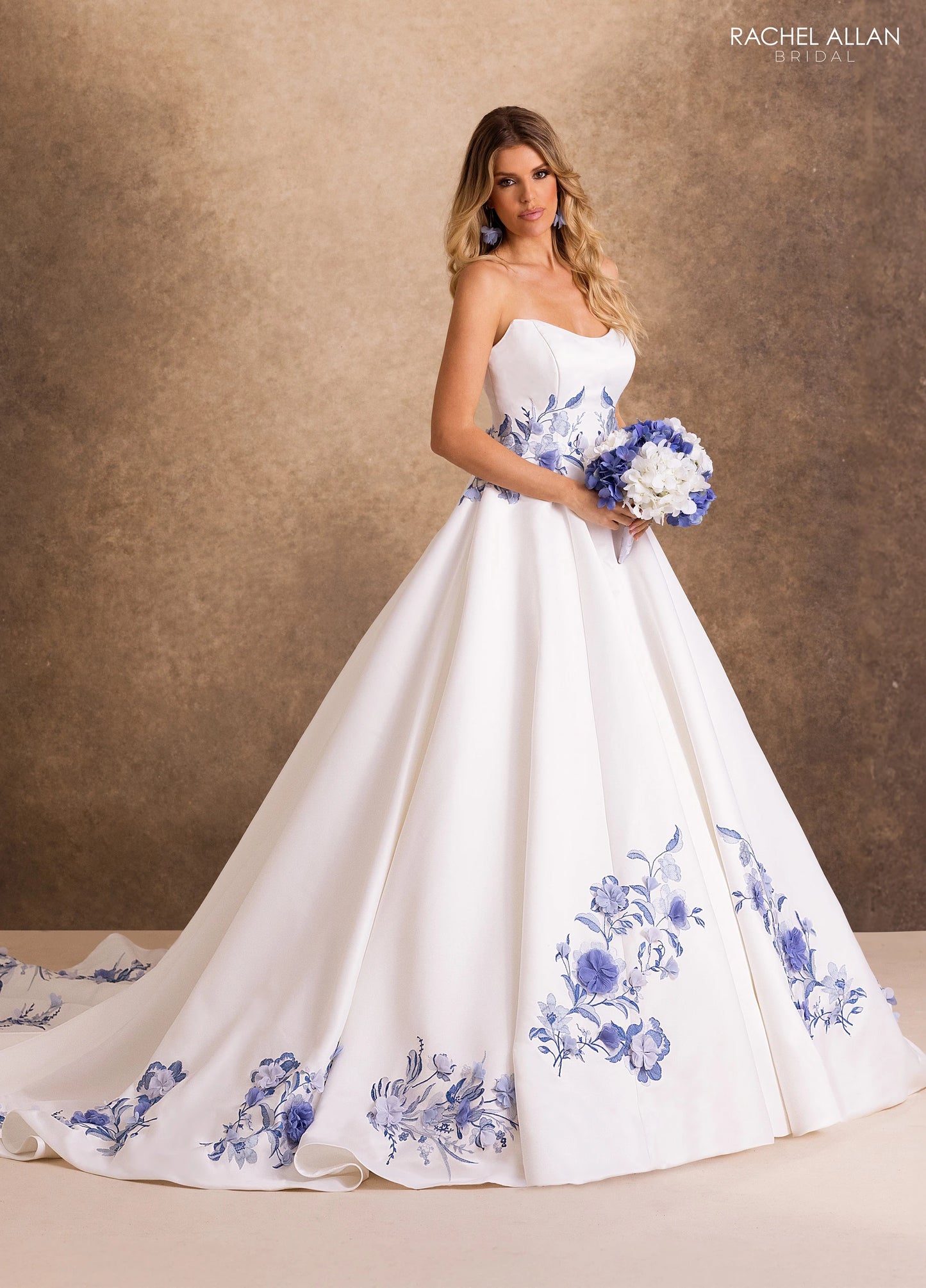 Eden RB4254 – Blue Floral Satin Ballgown Wedding Dress with 3D Floral Appliqué