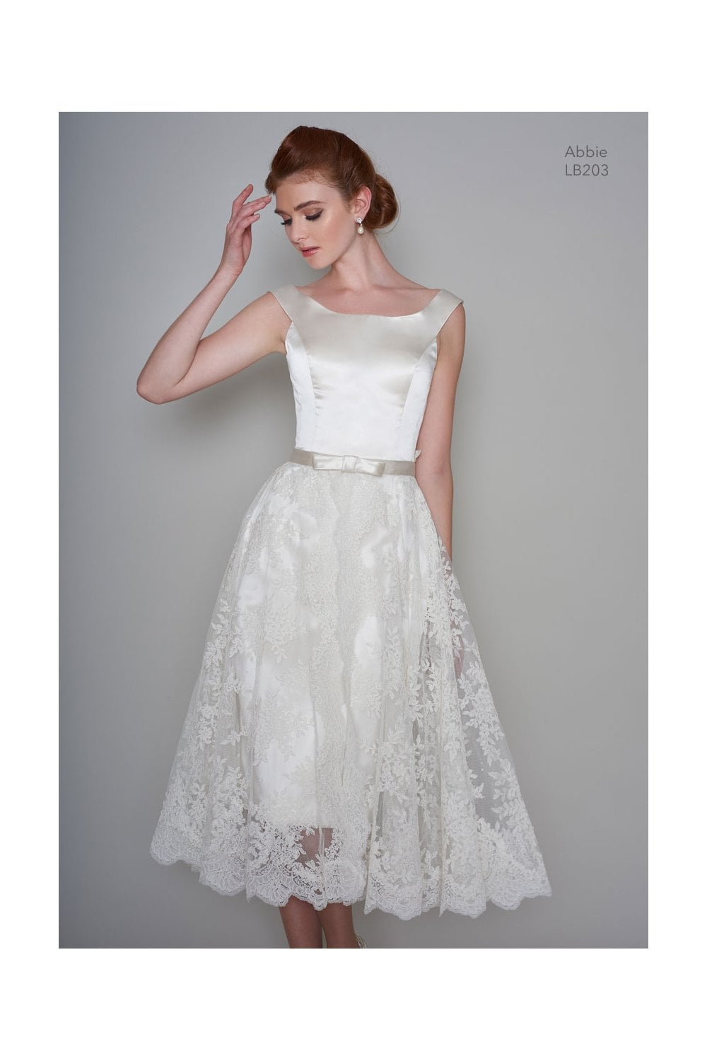 86-Abbie – Elegant Satin Pencil Wedding Dress with Lace Overlay Skirt