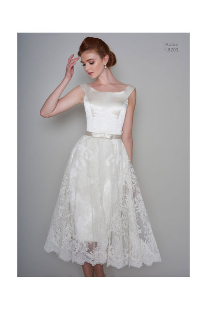 86-Abbie – Elegant Satin Pencil Wedding Dress with Lace Overlay Skirt
