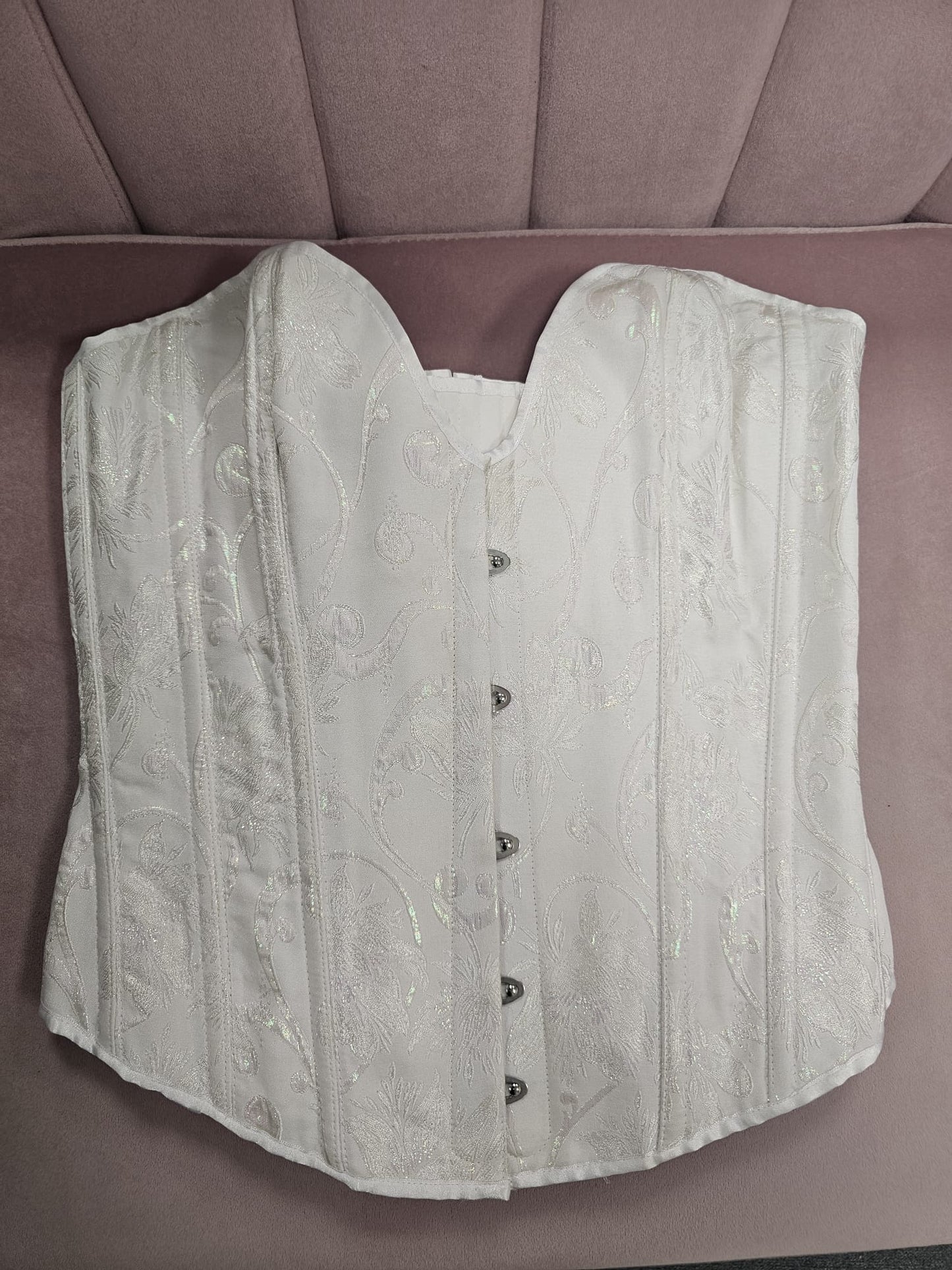 Ivory  with a pink shimmer brocade plunge corset