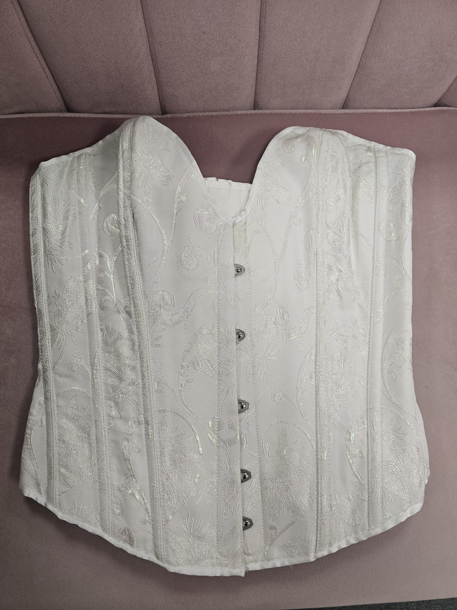 Ivory  with a pink shimmer brocade plunge corset