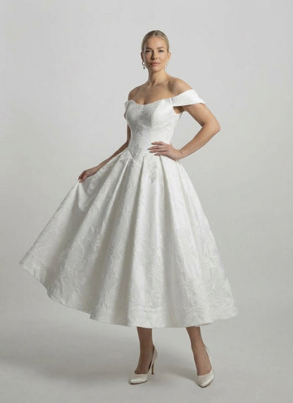 Off-the-Shoulder Pleated Basque Tea Length Wedding Dress | ws-odette (tea)