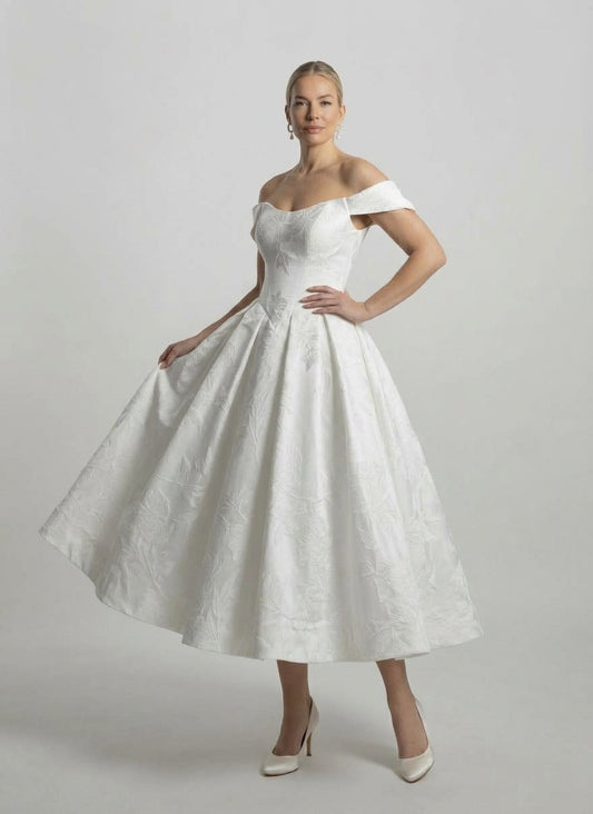 Off-the-Shoulder Pleated Basque Tea Length Wedding Dress | ws-odette (tea)