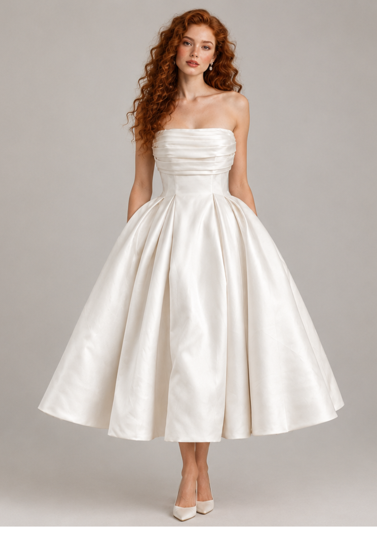 Opaline - Pleated Ivory Mikado Tea-Length Wedding Dress