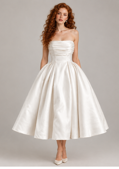 Opaline - Pleated Ivory Mikado Tea-Length Wedding Dress
