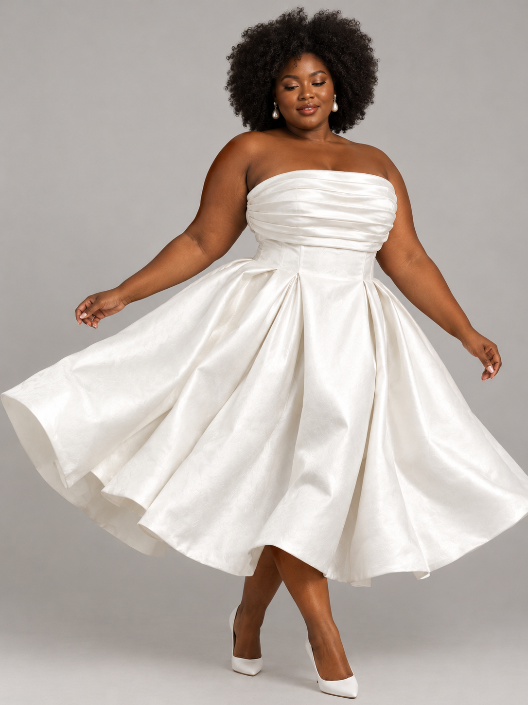 Opaline - Pleated Ivory Mikado Tea-Length Wedding Dress