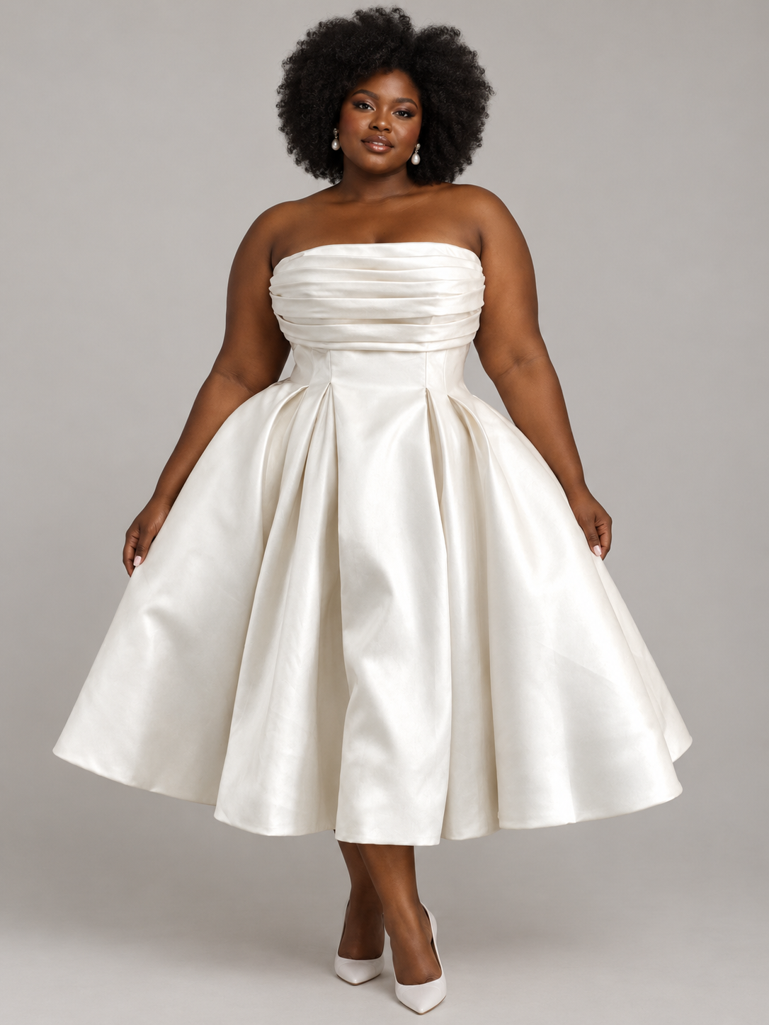 Opaline - Pleated Ivory Mikado Tea-Length Wedding Dress
