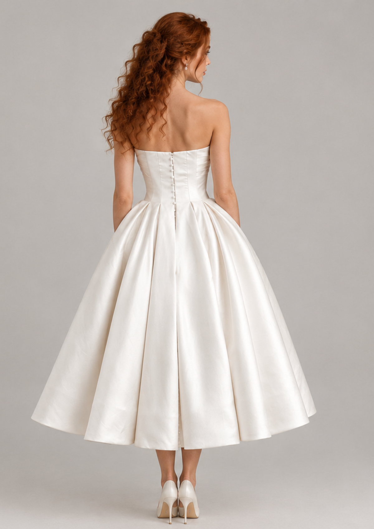 Opaline - Pleated Ivory Mikado Tea-Length Wedding Dress