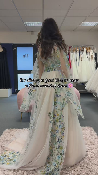 FLORA – A-Line Floral Lace Wedding Dress with Flutter Sleeves