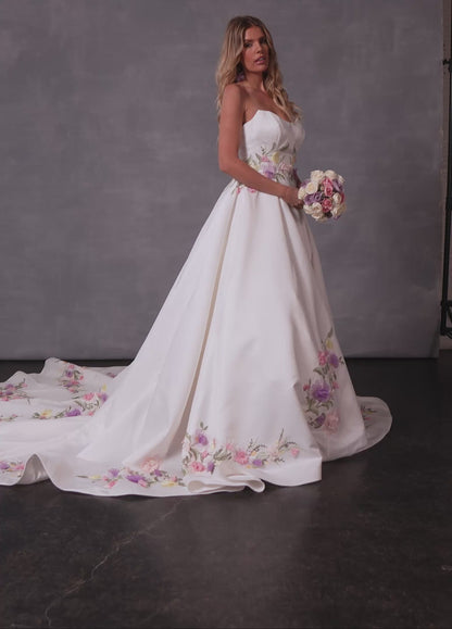 Eden RB4254 – Pastel Floral Satin Ballgown Wedding Dress with 3D Floral Appliqué