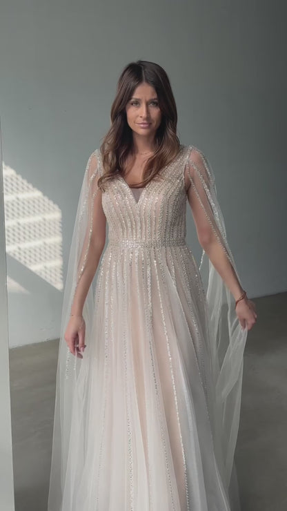 Vespera – Sequined A-Line Gown with Cape Sleeves