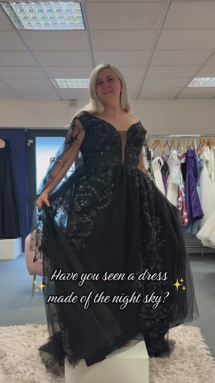 NYX – A-Line Black Celestial Star Sequin Wedding Dress with Cape Sleev –  FairyGothMother