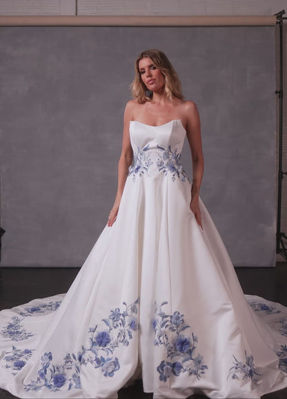 Eden RB4254 – Blue Floral Satin Ballgown Wedding Dress with 3D Floral Appliqué