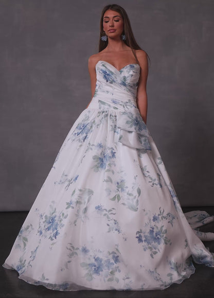 Hyacinth – Ivory & Blue Floral Organza Wedding Dress -  RB2258