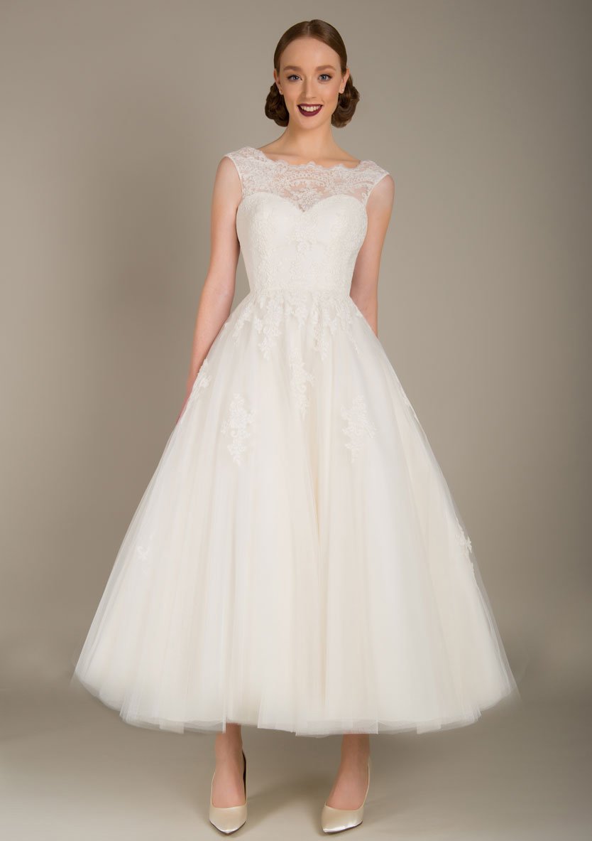 modern lace ballerina length wedding dress
