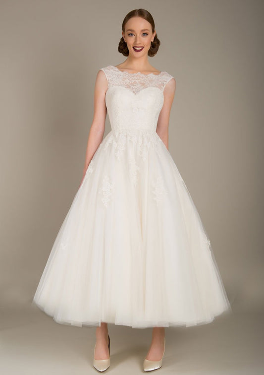 modern lace ballerina length wedding dress