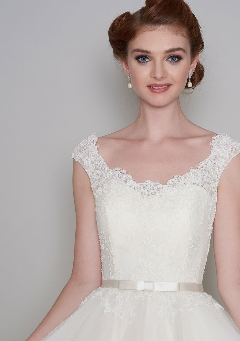 Close up of front of Flossie wedding dress