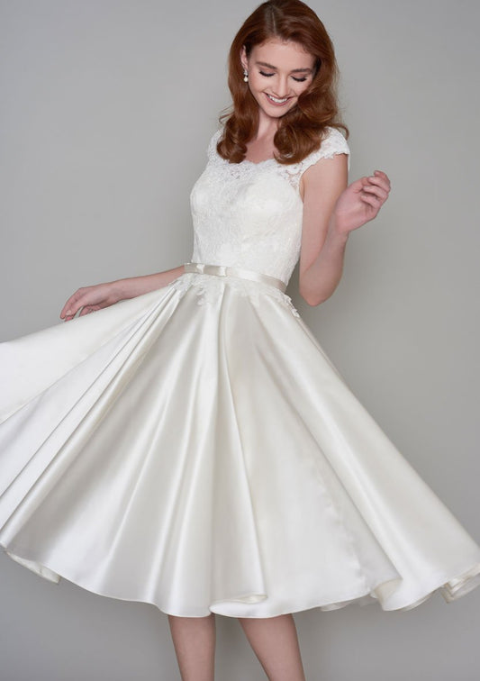 86-iris Tea Length vintage inspired lace bodice and full circular satin skirt wedding dress