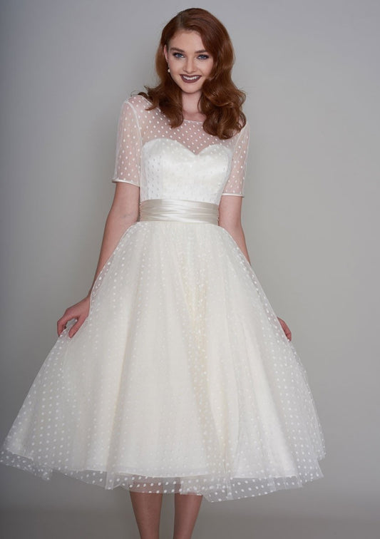 dotty tea length wedding dress