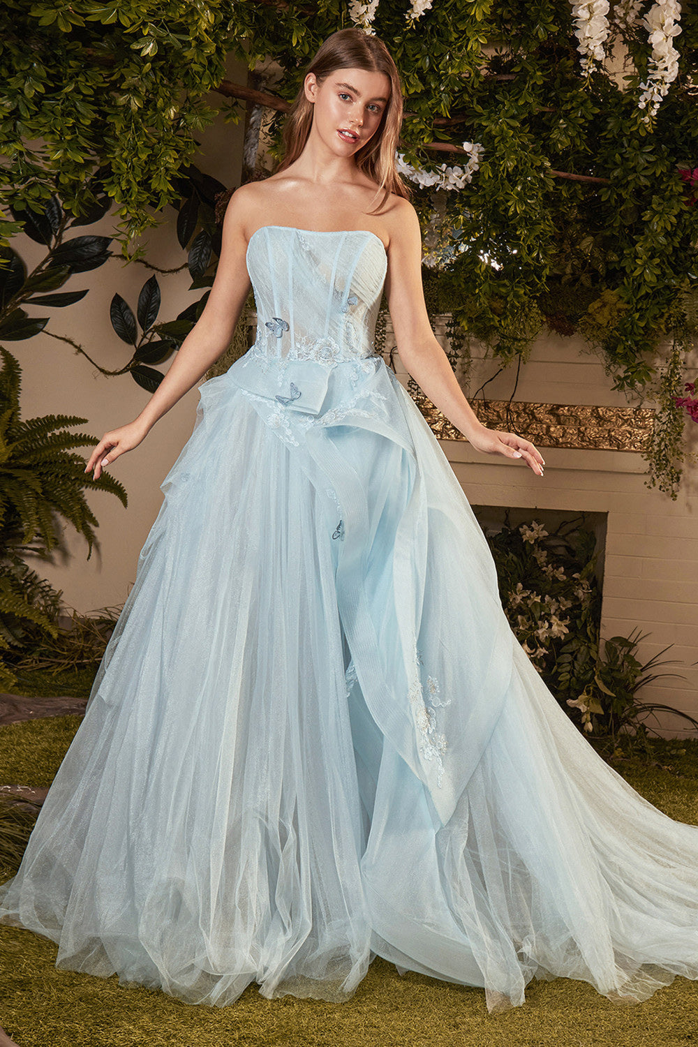 Pale blue strapless bridal gown
