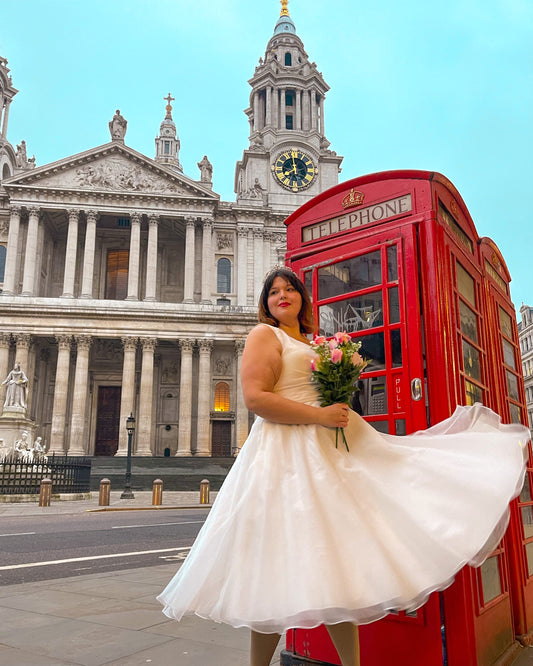 Tea-length wedding dress with the most flattering crossover satin bodice  rd-susan