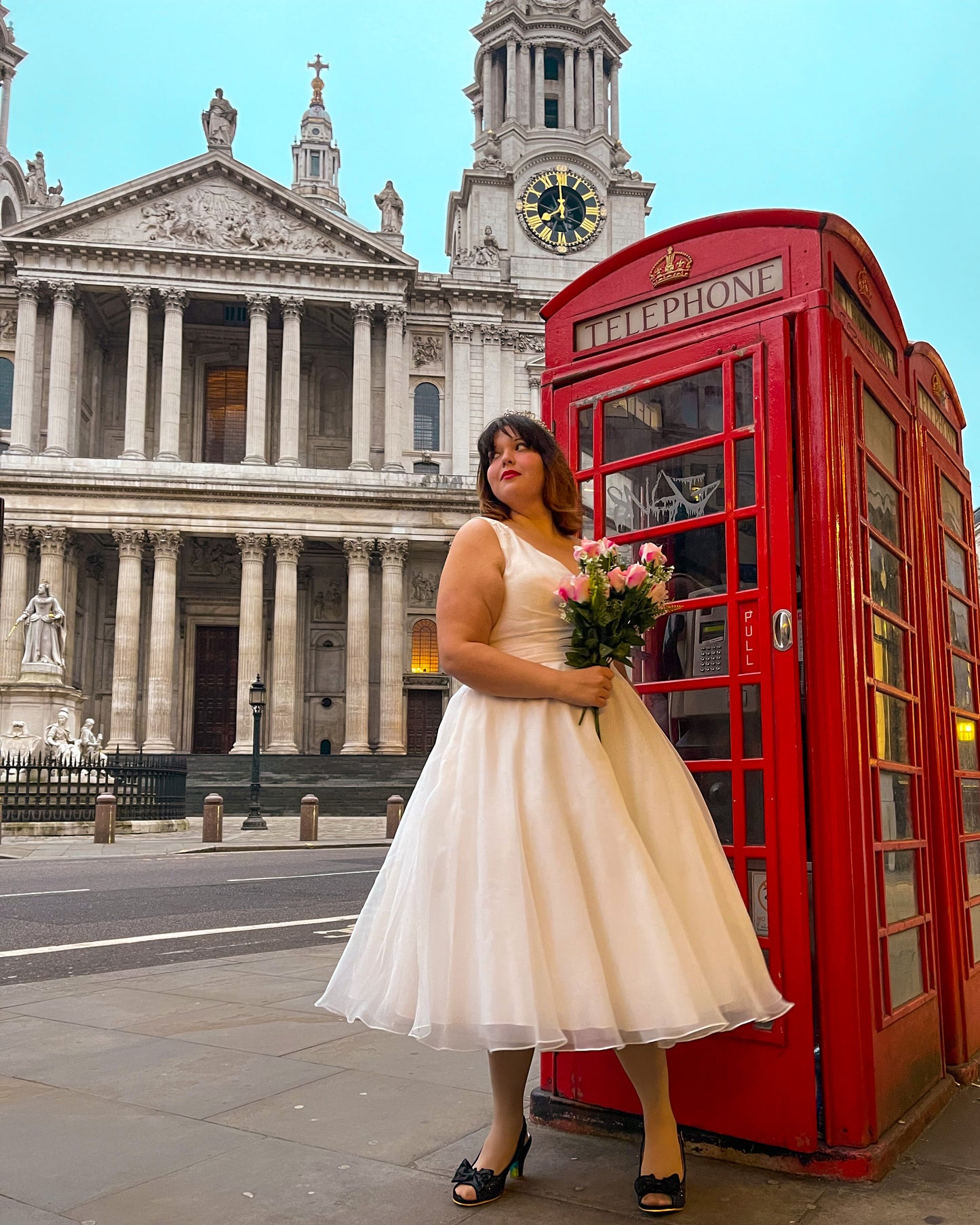 Tea-length wedding dress with the most flattering crossover satin bodice  rd-susan