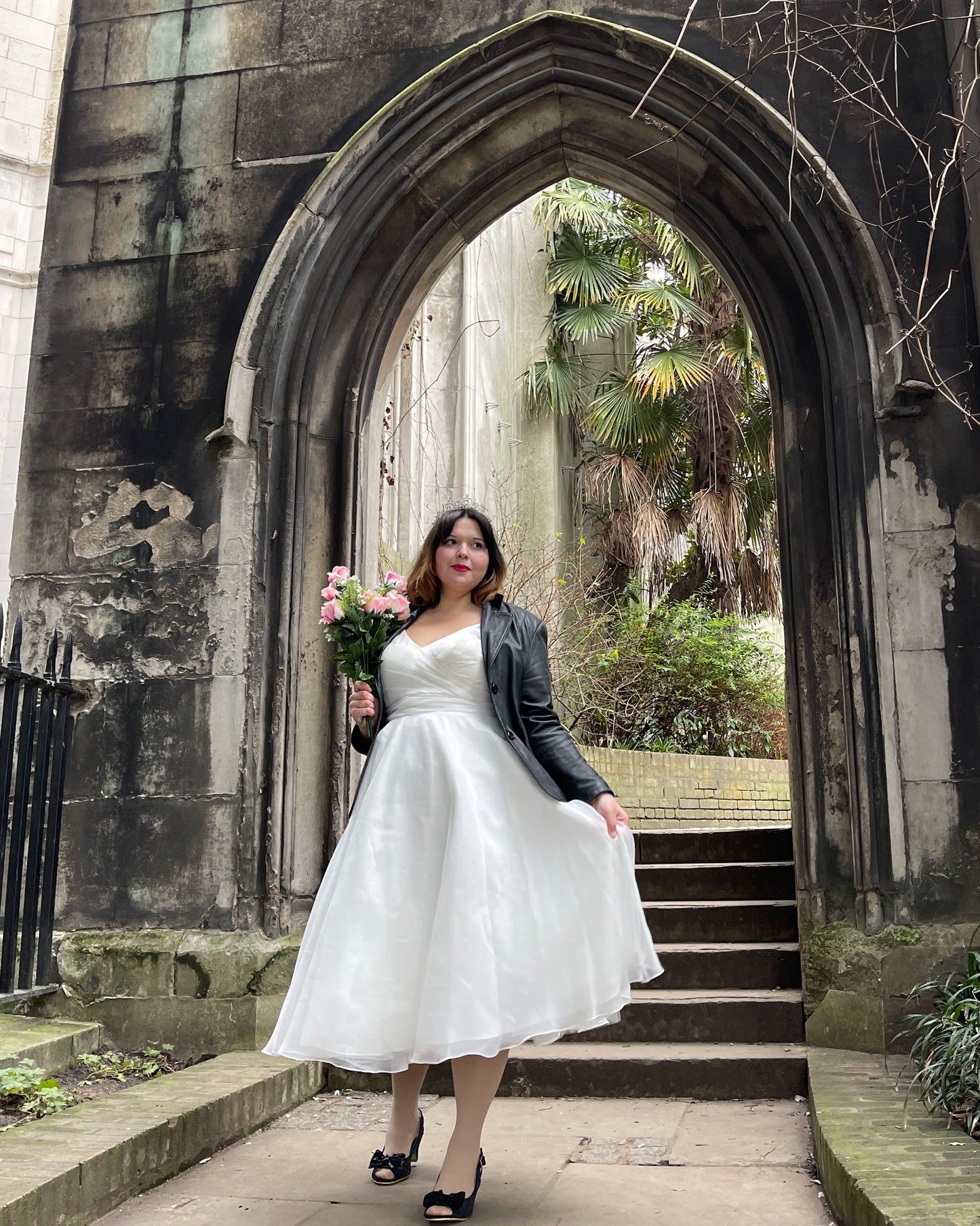 Tea-length wedding dress with the most flattering crossover satin bodice  rd-susan
