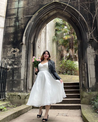 Tea-length wedding dress with the most flattering crossover satin bodice  rd-susan
