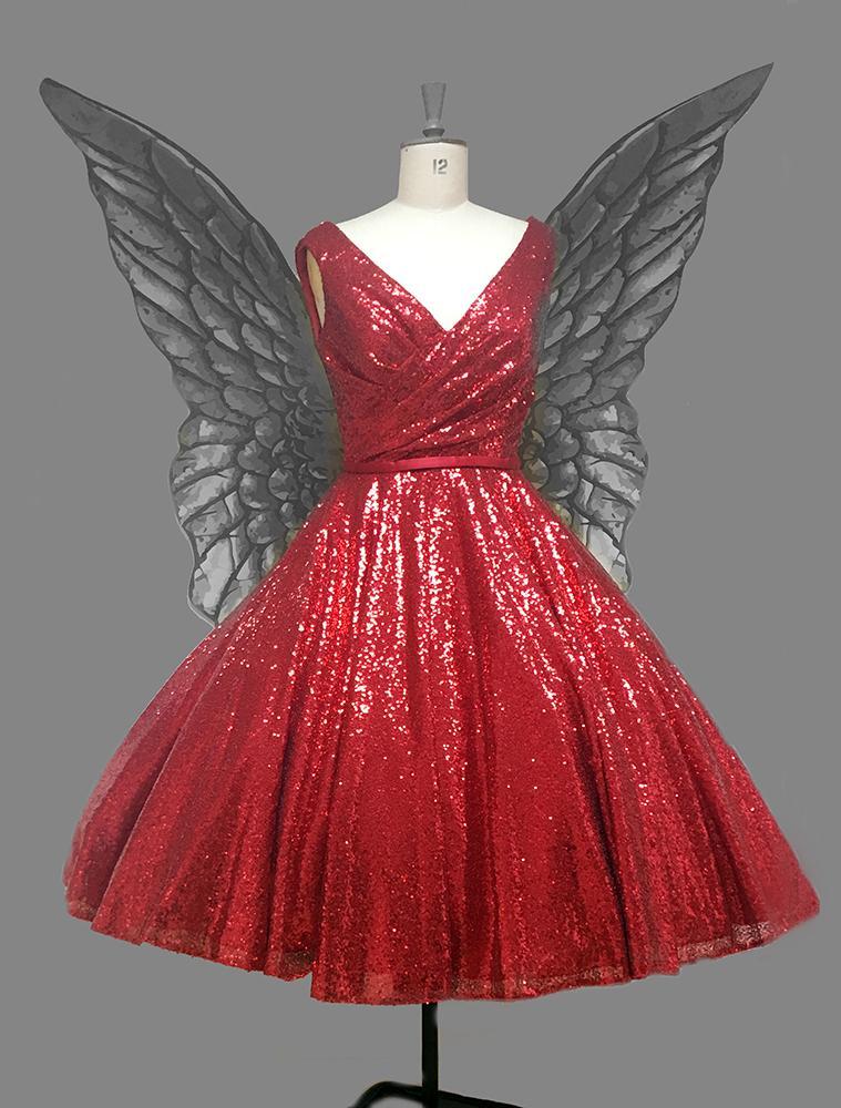 ab-nicole-r  Fifties length sequin gown with full skirt and cross over bodice.