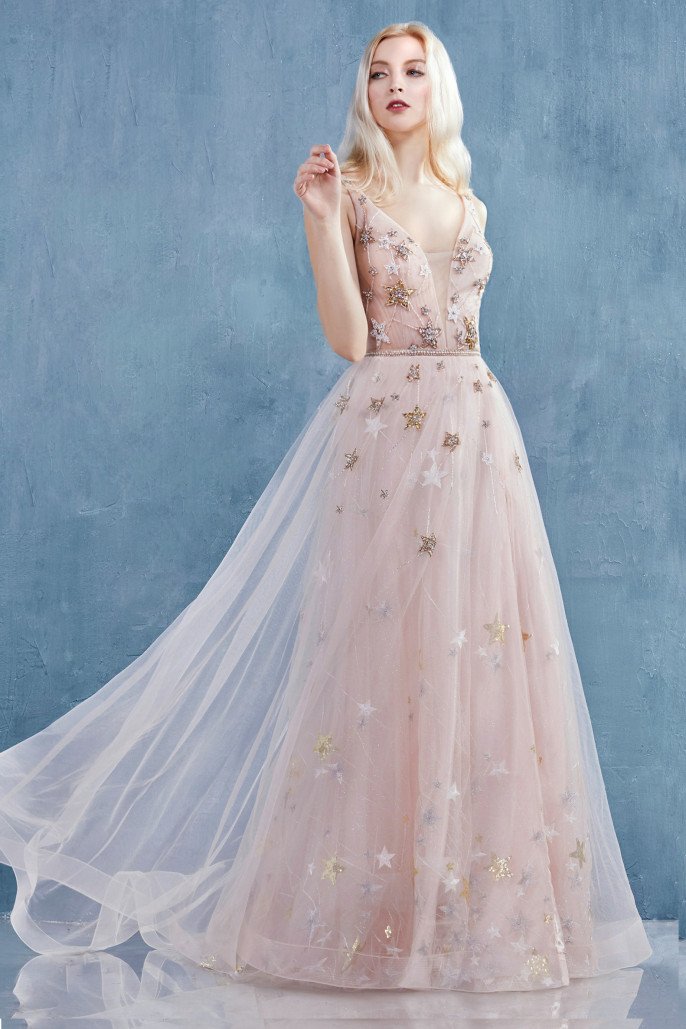 The Gabrielle starry, beaded V-neck tulle A-line wedding gown with leg slit  al-gabrielle