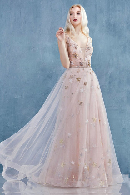 The Gabrielle starry, beaded V-neck tulle A-line wedding gown with leg slit  al-gabrielle