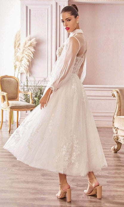 Back of the The Lucinda long sleeve, high colour, tea length wedding gown with modern sheer boned bodice and full tulle tea length skirt al-lucinda