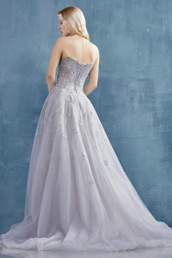 Back of the Selene constellation dream sweetheart embroidered and tulle bridal, prom or ball gown with a corset back.