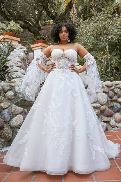 The Laney  bridal gown shown worn with the detachable bell sleeves ca-laney