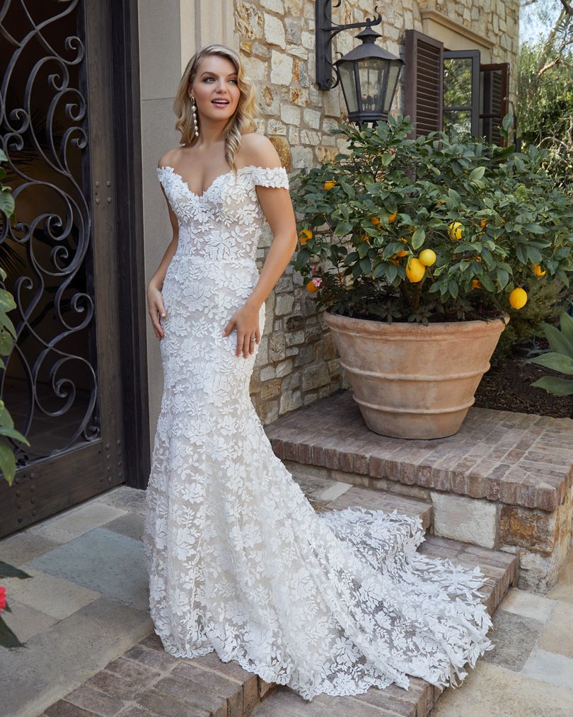 The Evelyn off-shoulder fit and flare Boho wedding dress