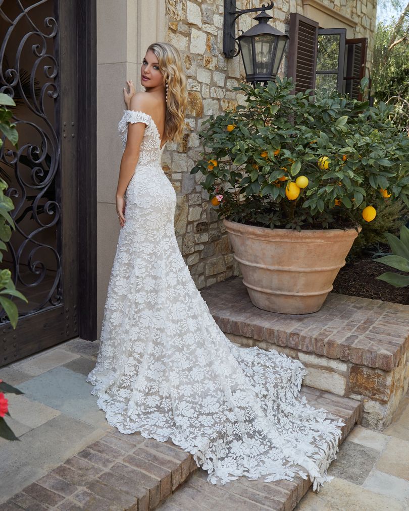 Back of Evelyn Boho style fit and flare wedding dress