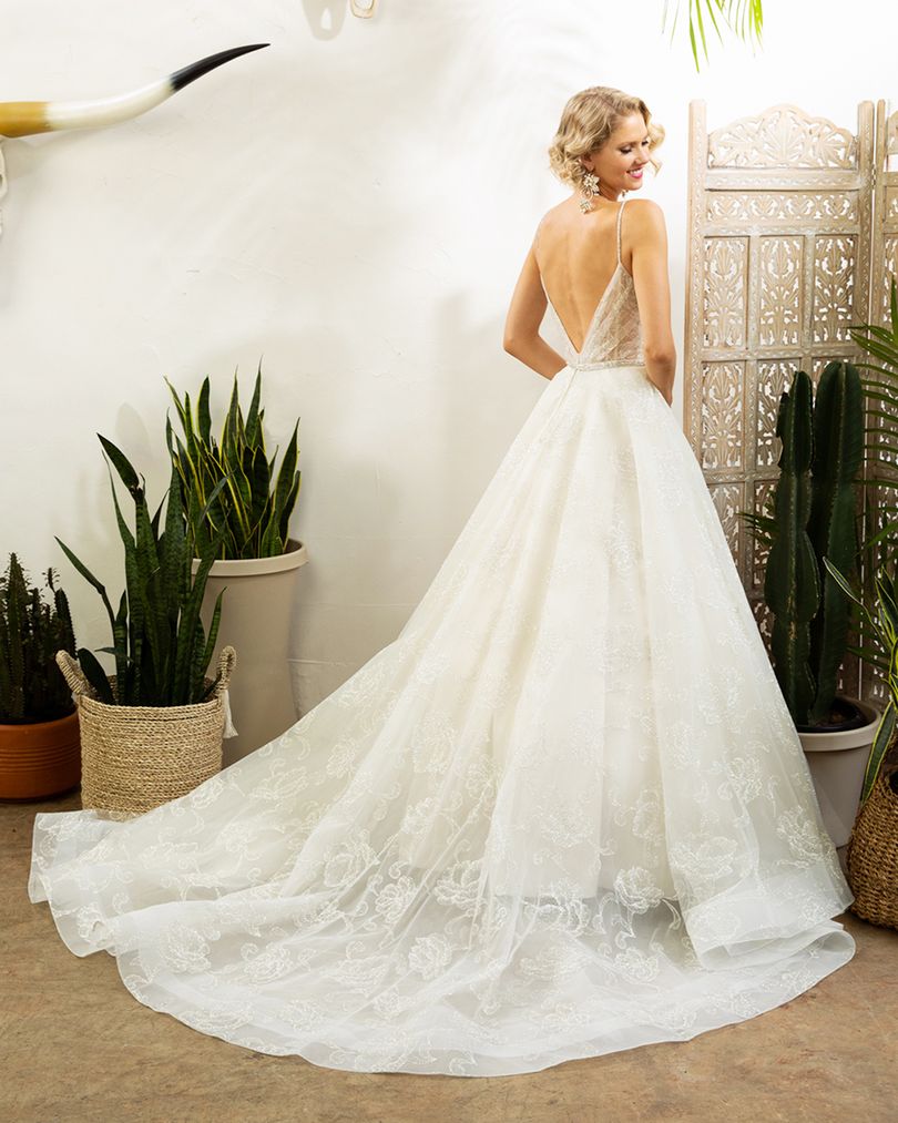 Back and train of the Remington Boho wedding dress