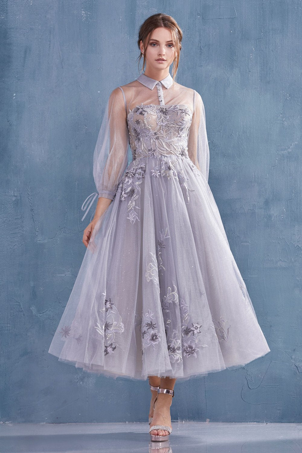 Long sleeve tulle embroidered lace wedding or cocktail gown  - al-duchesa
