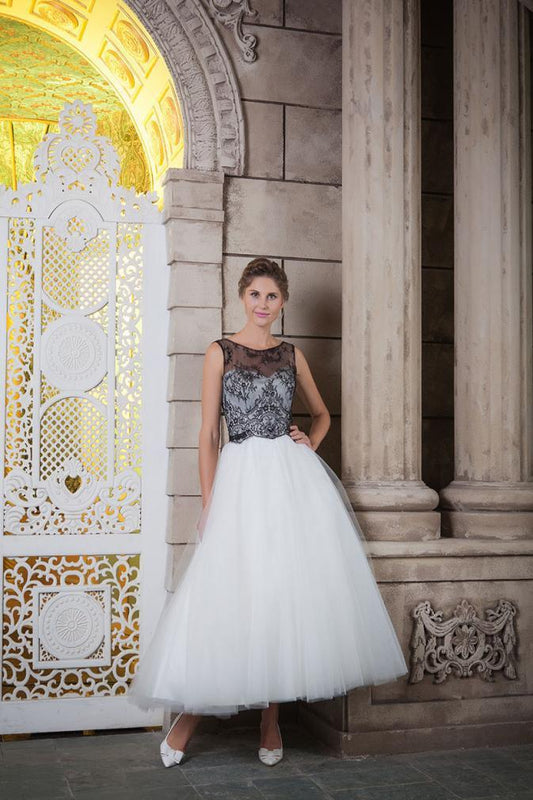Front of Fifties style tea length wedding dress