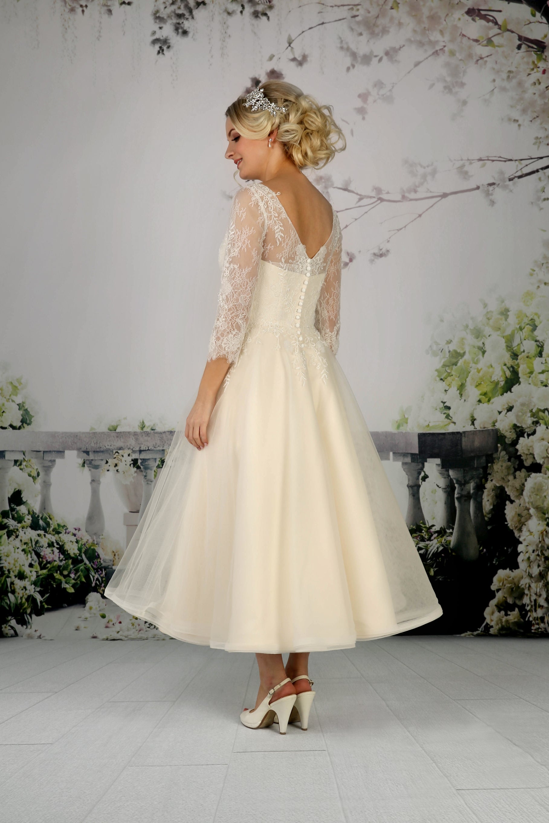 Pretty tea length bridal gown with a French and corded lace bodice FairyGothMother Pretty tea length bridal gown with a French and corded lace bodice FairyGothMother