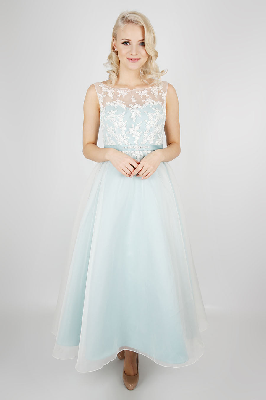 The Luna tea length bridal gown in mint