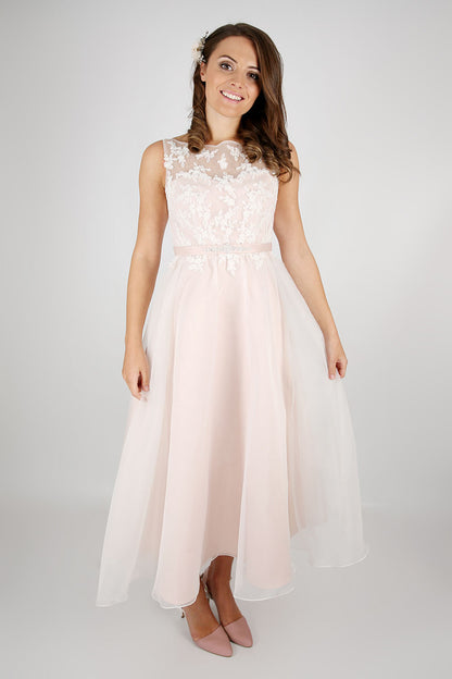 The Luna tea length wedding dress shown in rose